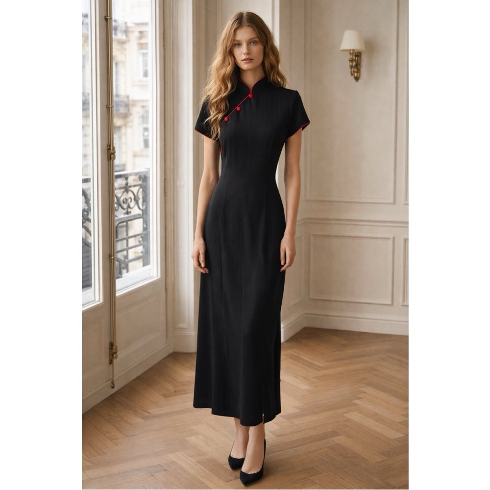 S.L. Fashions NWT Black Maxi Dress with Red Strips & Buttons Zip Back size 10 - Picture 1 of 14